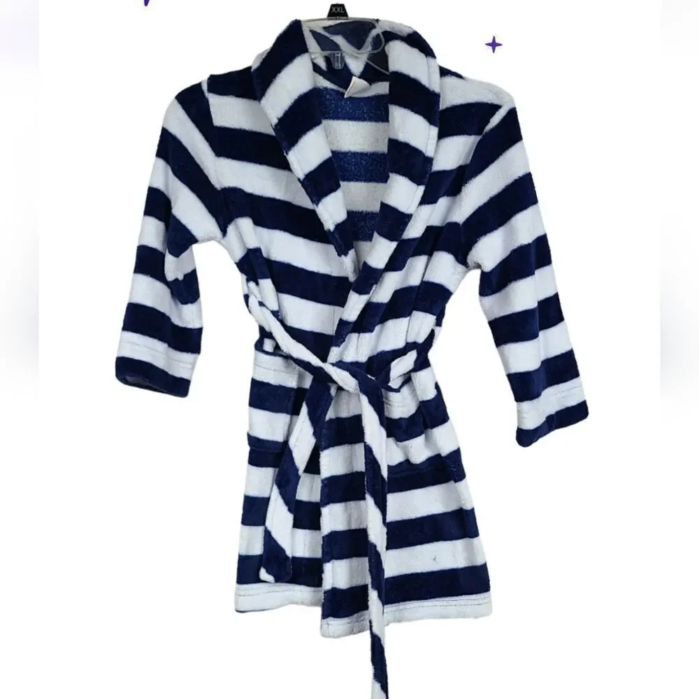 Navy Blue Stripe Bathrobe Kids S 6/7 Faux Fur Fleece Sleepwear Robe Plush Lounge